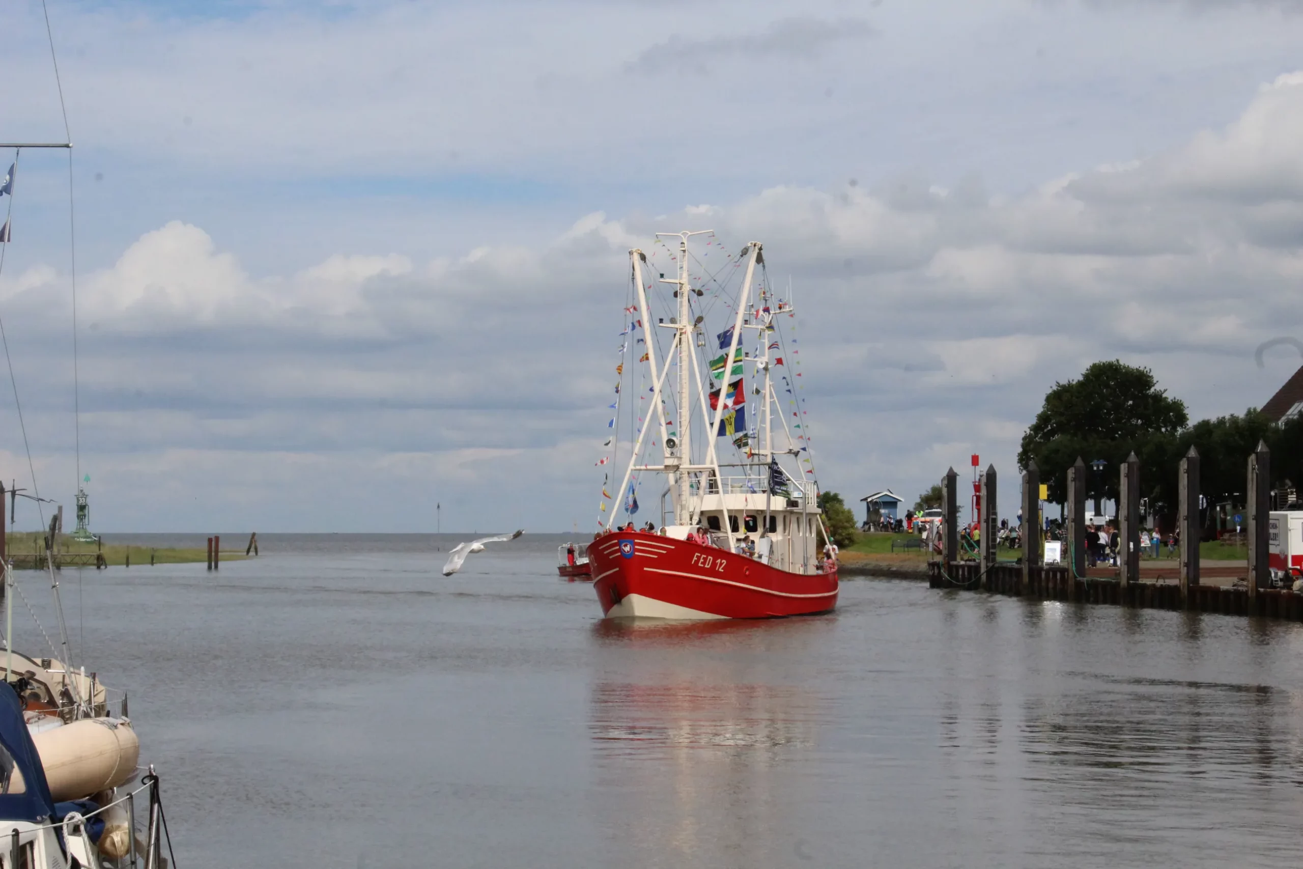 Krabbenkutter auf Regatta-Fahrt in Fedderwardersiel an der Nordsee